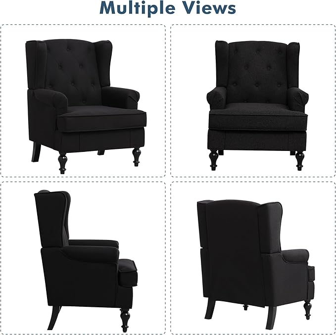 Accent Chair Set of 2, Mid Century Modern Fabric Wingback Chair, Upholstered Armchair with High Back and Vintage Legs, Comfy Single Sofa Side Reading Chair for Living Room Bedroom, Black