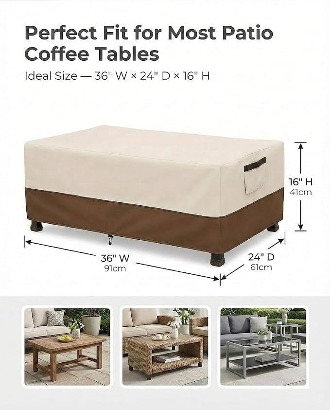 Waterproof Patio Coffee Table Cover, 600D Heavy Duty Outdoor Furniture Covers, Weather & UV Resistant, Windproof with Buckles, Rectangular Table Cover for Backyard Patio 36 x 24 x 16 in, Beige & Brown - Image 3