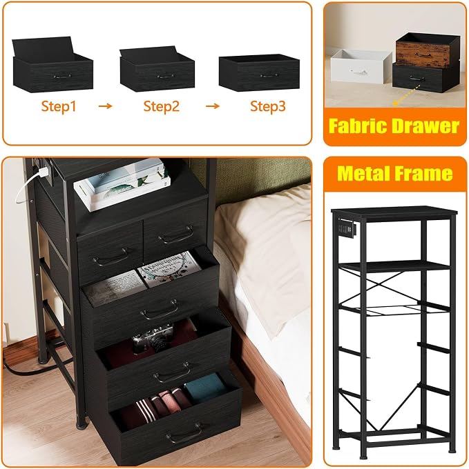 Furnulem Dresser for Bedroom, Tall Nightstand, Vertical Chest with Wood Top, Charging Station, LED Lights, 5 Fabric Bins, Bedside Table with Shelf, Furniture for Entryway (5 Drawer, Black Oak) - Image 6