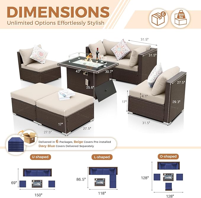 BULEXYARD 7 Pcs High Back Patio Furniture Set with Fire Pit Table Propane/Natural Gas Dual Fuel, Durable Outdoor Sectional Couch, Cozy Backyard Seating for Exterior, Brown Wicker & Navy Blue Cushion