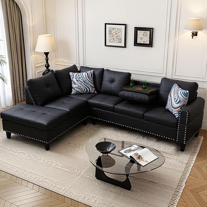 L Shape Sectional Couch with Chaise, 97.5 Inch Modular Sofa with Cup Holders, Sectional Couches for Living Room, Ergonomic Reclined Backrest, for Office and Small Apartment, Black