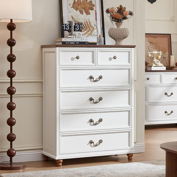 Joaxswe Farmhouse 6 Drawer Dresser Set of 2 for Bedroom, 42" Tall Rustic Chests of Drawers w/ 4 Solid Wood Feet, Mid Century Vintage Wooden Closet Storage Dressers Organizer for Living Room,White - Image 6