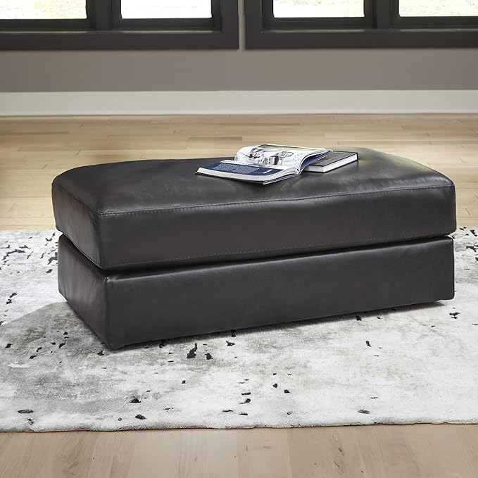 Signature Design by Ashley Amiata Contemporary Firmly Cushioned Leather Rectangular Ottoman, Black