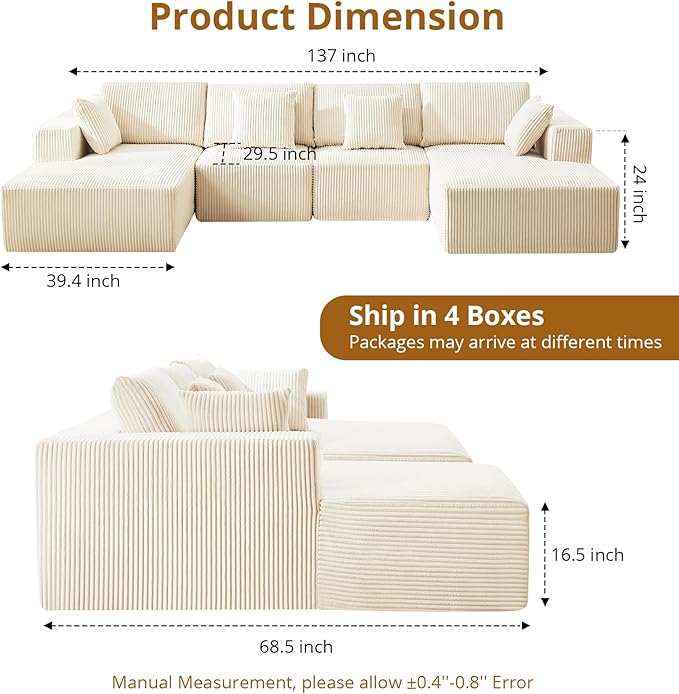 Cloud Boneless Couch 137" Modern Sectional U-Shaped Comfy No Assembly Required Convertible Compression Sleeper Modular Sofa with Corduroy Fabric Deep Seat Single + Chaise for Living Room