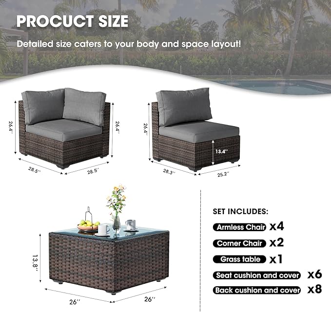 Grezone Patio Furniture Set 7 Piece Outdoor Wicker Sectional Sofa - All Weather High Backrest PE Rattan Couch Conversation Set with Cushion & Glass Top Table for Backyard Deck Porch, (Grey)