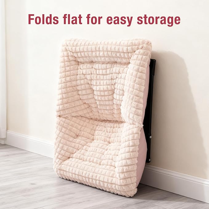 HollyHOME X-Large Saucer Chair, Comfy Oversized Folding Chair, Faux-Fur Reading Chair for Teens, Adults, Foldable Accent Chair, Metal Lounge Chair for Living Room, Bedroom, Dorm, Grid Champagne Pink