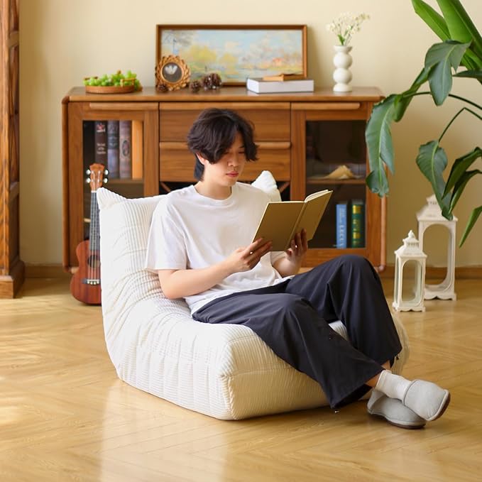 N&V Fireside Floor Sofa- Mid-Century Modern Armless Lounge Chair with Premium Soft Corduroy Fabric, Plush Foam Cushion Accent Chair for Living Room, Bedroom & Office (White)