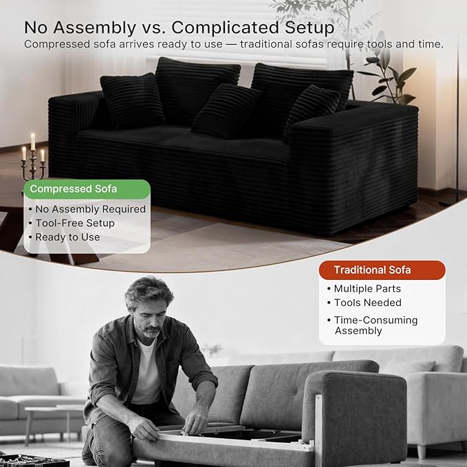3-Seater Deep-Seat Corduroy Lounge Sleeper Sofa, No Assembly Frameless Foam Cloud Couch, Comfy Plush for Living Room Bedroom Apartment Dorm Office (Black)