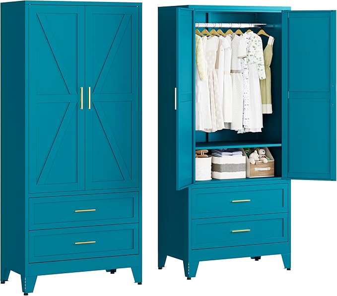 Metal Armoire Wardrobe Closet with 2 Drawers, 71" Wardrobe Cabinet with Adjustable Shelf & Hanging Rod for Bedroom, Blue Metal Closet Storage Cabinet with 2 Doors & Drawers