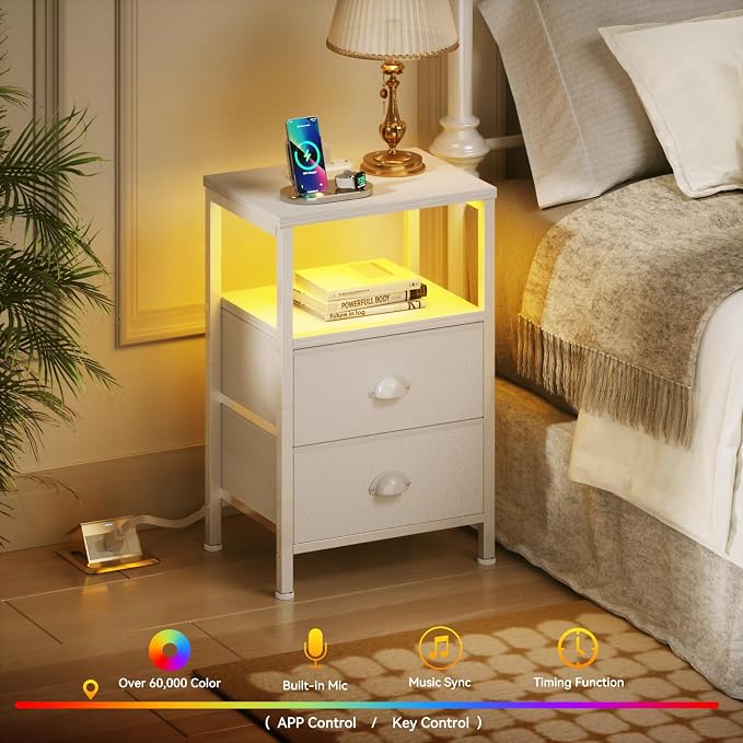 Furologee Nightstands Set of 2, End Tables Set of 2 with Charging Station and LED Lights, White Night Stands with 2 Fabric Drawers, Bedside Tables for Living Room/Bedroom - Image 4