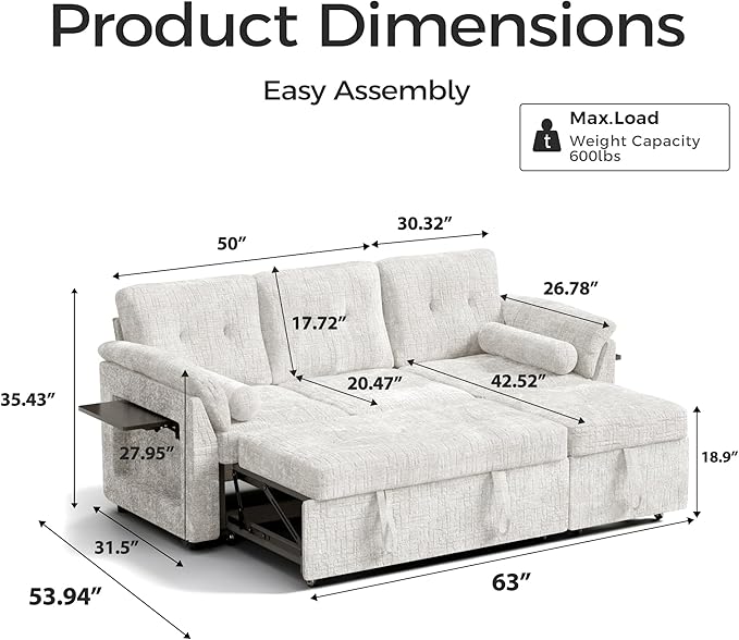 Convertible Queen Sofa Bed, 63 Inch Chenille Pull Out Couch with Side Table, 3 Seat Pull Out Sofa Bed with Level Adjustable Backrest, Comfy Sleeper Sofas for Living Room, Apartment, Beige