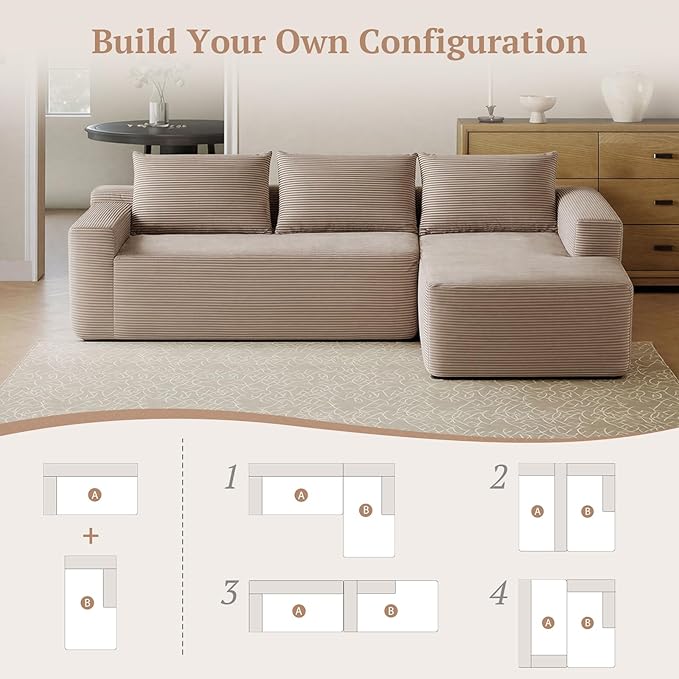 97inch Boneless L-Shaped Sectional Sofa with Throw Pillow & Side Pockets- No Assembly Compressed Modular Couch, Memory Foam, Deep Seat for Living Room, Bedroom, Apartment Camel Right