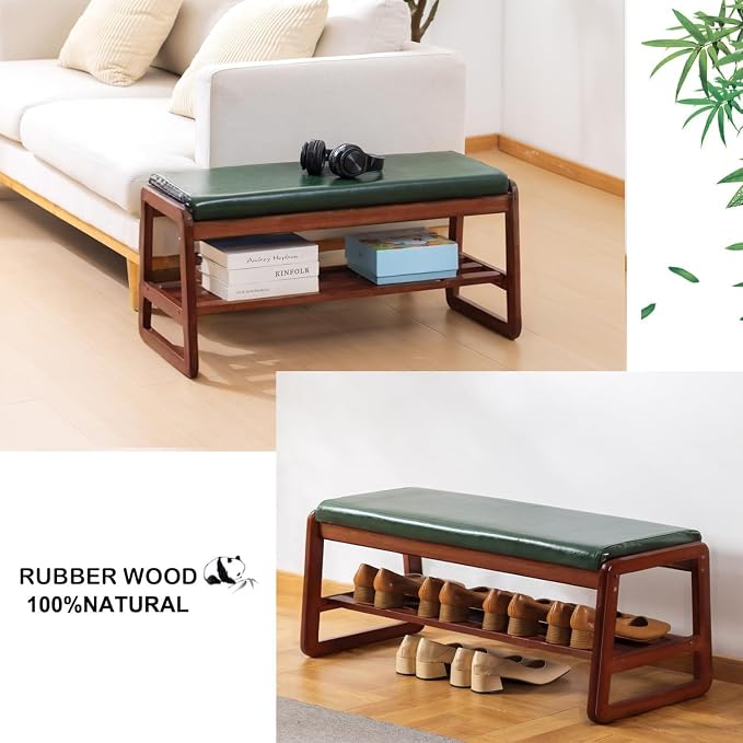 latifolia Solid Wood Bench, Entryway Shoe Bench with Cushion, 2 Tier Shoe Storage Organizer for Hallway, Living Room(Green,31.50''L) - Image 6