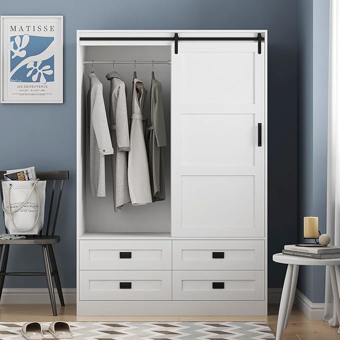 Armoire Wardrobe Closet with Sliding barn Door，Wardrobe Cabinet with 4 Storage Drawers and Hanging Rail,Freestanding Wooden Closet for Bedroom (White)