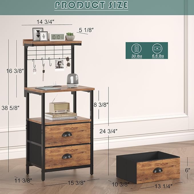 sthmec Tall Nightstands with Charging Station, LED Night Stand Bedsides with 2 Fabric Drawers,Hooks,USB Port and Open Storage Shelves,Tall End Table Bedside for Bedroom,Office, Rustic Brown - Image 3