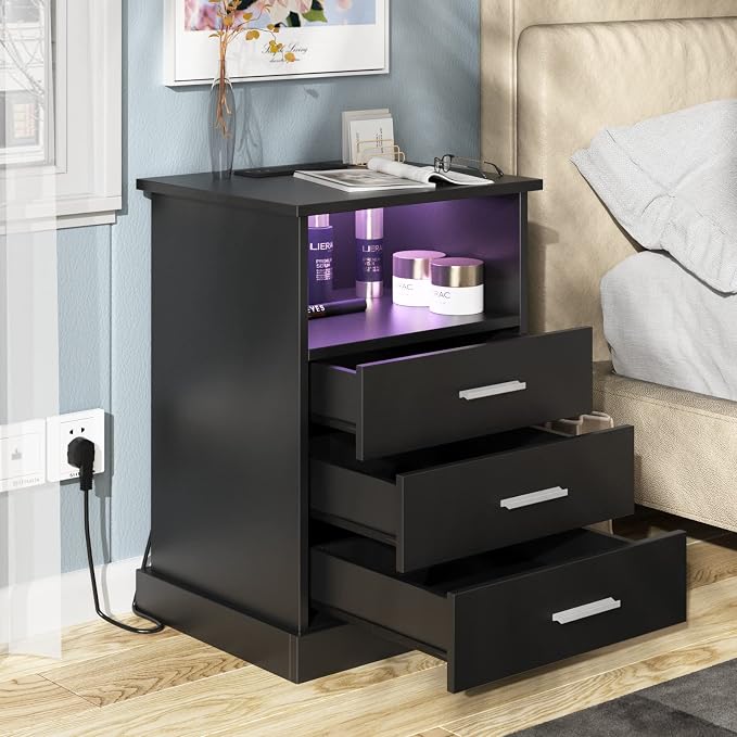 Halitaa Black LED Nightstand with Charging Station, Side Table with 3 Drawers and Light, End Table with Open Storage, Beside Cabinet for Bedroom (Black) - Image 4