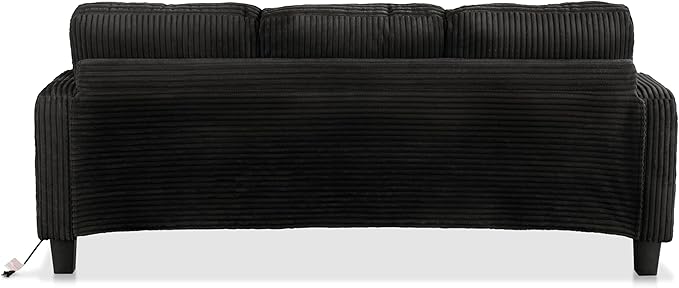 Homes: Inside + Out Reese Modern Plush Chenille Couch with Side Pockets, Cup Holders and USB Ports, Wooden Comfortable Sofa for Living Room, Bedroom and Office, Black