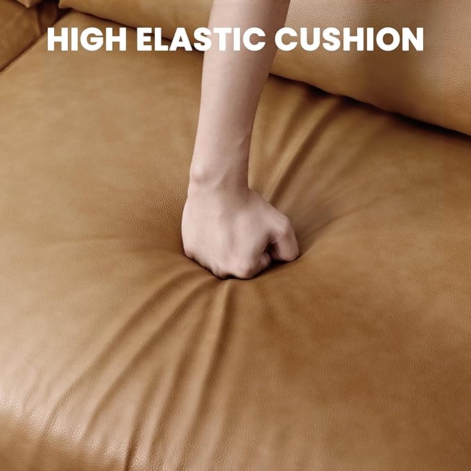 Vesgantti 100" Faux Leather Sofa with Movable Ottoman, Large 2 Seater L Shaped PU Leather Couch with Side Pocket, Comfy Mid Century Modern Modular Sectional Sofa for Living Room, Apartment, Camel