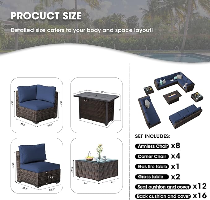 Grezone 15 Piece Patio Furniture Set with 44" Fire Pit Table, Outdoor Sectional Couch, PE Rattan Patio Conversation Sets with 4inch Cushions for Backyard Deep Blue