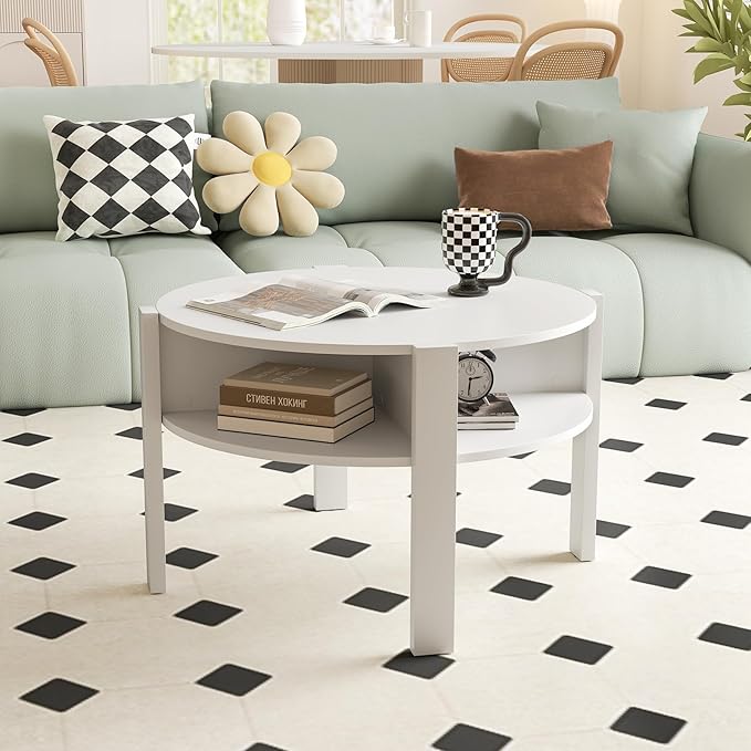 Tangkula Round Coffee Table, 29.5” 2-Tier Circle Cocktail Center Table with Storage Shelves, for Small Spaces, Living Room (White)
