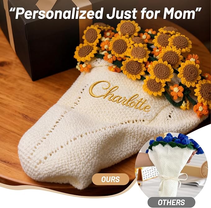 Personalized Handmade Crochet Rose Flower Blanket Bouquet – Custom Name Gift for Mother's Day, Valentine’s Day, Mom or Girlfriend（Sunflowers）