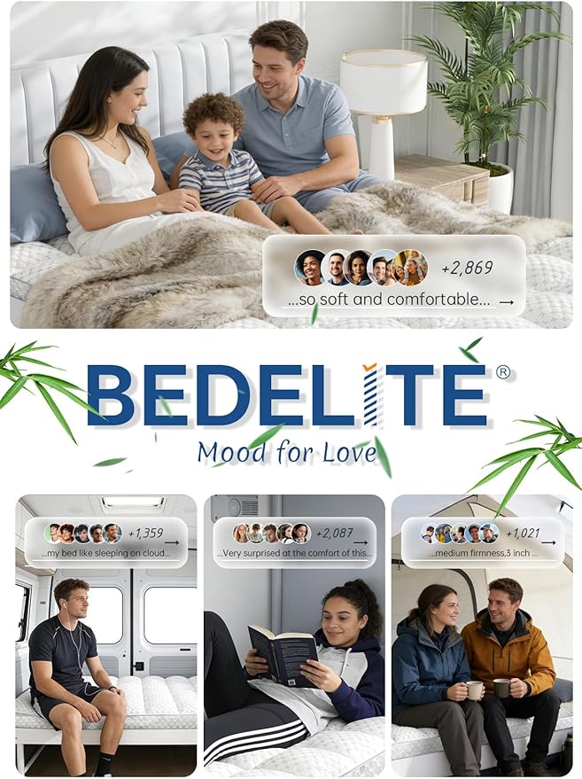 BEDELITE Queen Mattress Topper 3 Inch Thick Mattress Pad, Plush Pillow Top Bed Cover with Elastic Deep Pockets Up to 6-24 Inch for Pressure Relief, Shredded Memory Foam Filling (White)