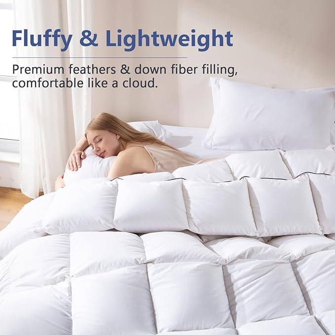 DOWNCOOL Feather Down Fiber Comforter California King Size, 100% Cotton Ultra Soft Fluffy Duvet Insert, All Season Luxurious Hotel Bed Comforter with Corner Tabs, White 104"x96"