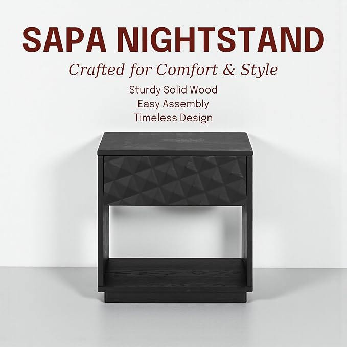 NTC Sapa Solid Wood Nightstand with 3D Carved Drawer Front – Modern Bedside Table with Open Shelf, Easy Assembled - Burnt Black - Image 8