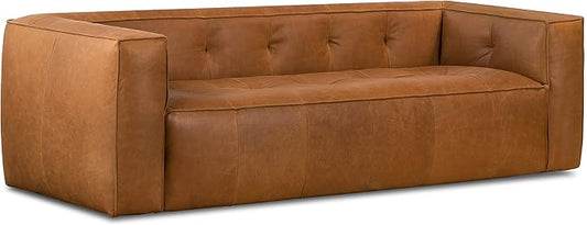 Poly & BARK Capa 92" Sofa – Saddle Tan Full-Grain Pure-Aniline Italian Leather, Boxy Modern Design, Feather-Fiber Cushions, Solid Wood Frame