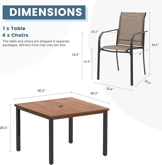 DIFY 5 Pieces Outdoor Dining Table Chair Set, Patio Dining Set with 1 Walnut Metal Square Table with Umbrella Hole & 4 Brown Stackable Curved Armrests Chairs for Lawn, Garden, Porch - Image 2
