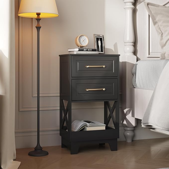 Tall Nightstand Set of 2 Side Table with 2 Drawers Modern Night Stand Wooden End Table Bedside Table with Below Open Shelf Solid Feet for Bedroom Black - Image 2
