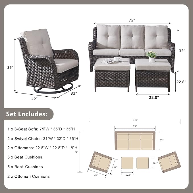 Rilyson Wicker Patio Furniture Set - 5 Piece Rattan Outdoor Sectional Conversation Sets with 2 Rocking Swivel Chairs,2 Ottomans and 1 Sofa for Porch Deck Garden(Brown/Beige)
