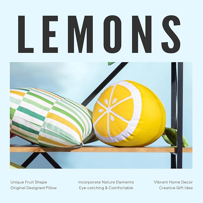 Phantoscope Fruit Outdoor Shaped Pillow Series Lemon Shaped Waterproof Outdoor Throw Pillow with Leather Decorative, Cushions for Fun Home Decor for Patio, Pool, Yellow and White, 12 x 10 inches