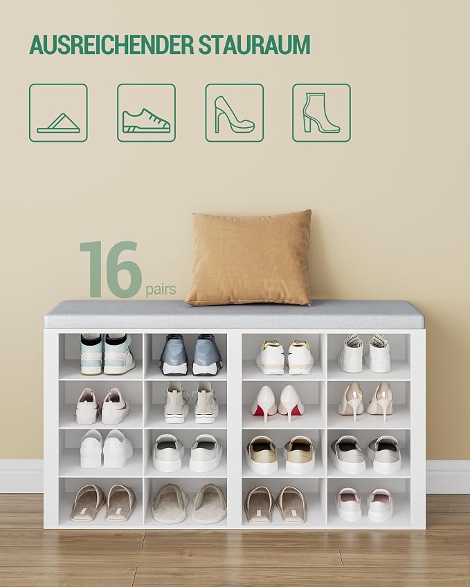 Hzuaneri Shoe Bench with Cushion, Entryway Storage Bench with 16 Cubbies, Cubby Shoe Rack with Adjustable Shelves, Shoe Organizer Cabinet for Living Room, Bedroom, Entryway, White SB25603GY - Image 8