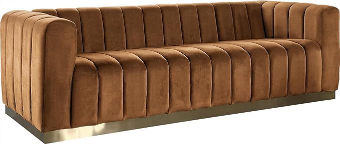 Meridian Furniture 603Saddle-S Marlon Collection Modern | Contemporary Velvet Upholstered Sofa with Deep Channel Tufting, Stainless Steel Base in a Brushed Gold Finish, Saddle, 86.5" W x 34" D x 28" H