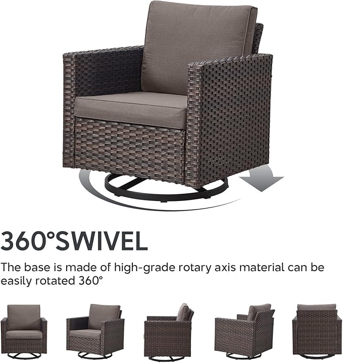 6 Piece Wicker Patio Furniture with Fire Pit Table - Outdoor Conversation Set with 50,000 BTU Fire Pit, All Weather Rattan Patio Set for Deck Backyard Garden - Brown Wicker Grey Cushion