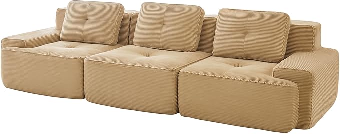Casaphoria 115'' Camel Corduroy Sofa, Boneless Sectional Couch with 3 Pillows for Modern Living Room, Deep Seat Sofa No Assembly Modular Cloud Couch