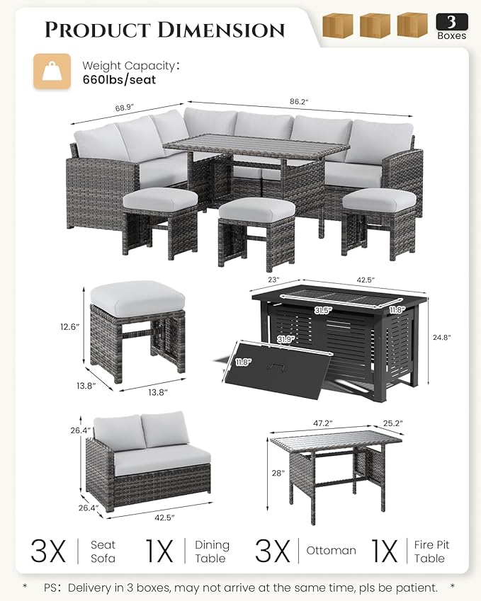 U-MAX 7 Pieces Patio Furniture Set with 43" Fire Pit Table, Outdoor Sectional Sofa Conversation Set, All Weather Wicker Rattan Dining Table & Chair with Ottoman, Grey Rattan&Light Grey Cushion