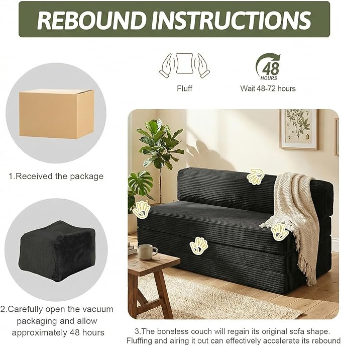 5-in-1 Convertible Sofa Bed, Boneless Couch Loveseat Sleeper with Removable Cushions & Washable Cover, Futon Sofa Bed with Handle, Pull Out Couch for Small Spaces, Full Size, Black