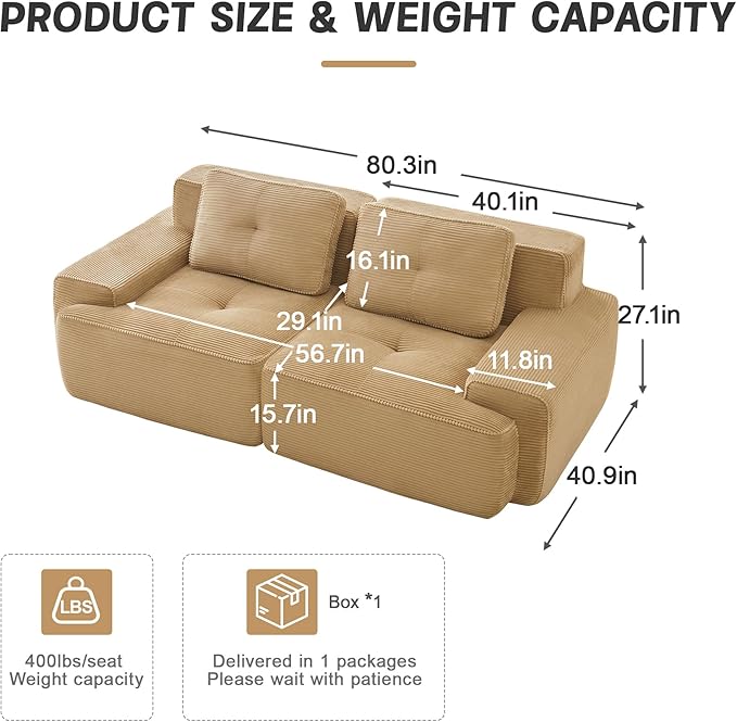 Casaphoria 80'' Corduroy Couch Sectional, 2 Seater Boneless Couches for Living Room, Camel Modular Cloud Sofa with 2-Pillow, Extra Deep Seat Sofa with No Assembly