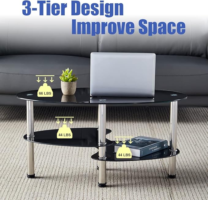 Oval-Shaped Glass Tea Table for Office, 3-Tier Modern Coffee Table, End Table for Living Room (Black)
