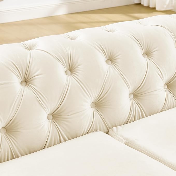 KEIKI 2-Piece Luxury Chesterfield Sofa Set with 1 Velvet 3-Seater Sofa & 1 Loveseat Sofa, 5-Seater Couch Set with 4 Pillow, Gold Stainless Decoration and Rolled Arms, for Living Room, Beige