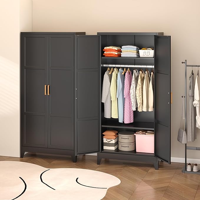 INTERGREAT 71” H Metal Wardrobe Cabinets with 2 Doors, Large Clothing Storage Cabinets with Hanging Rod and Adjustable Shelves, Closet for Home Living/Laundry Room/Department (Black)