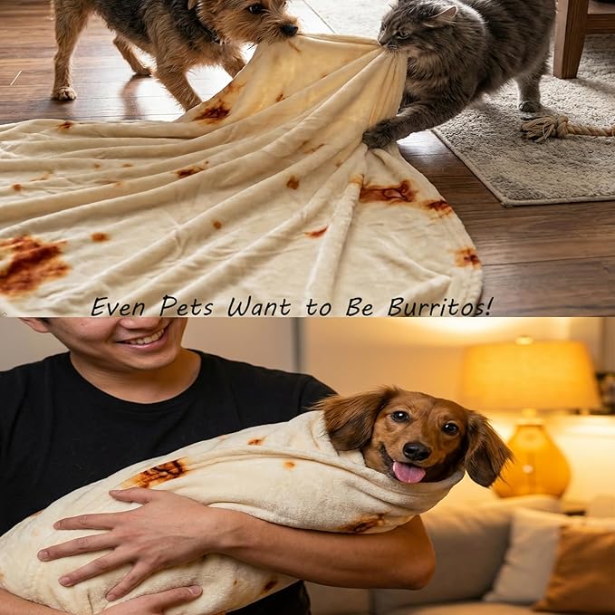 LetsFunny Burrito Tortilla Throw Blanket, Funny Realistic Food Blankets for Teen Girl Gifts, 2.0 Double Sided Burritos Taco Tortilla Wrap Blankets, Soft Comfortable Flannel Round Throw Blanket