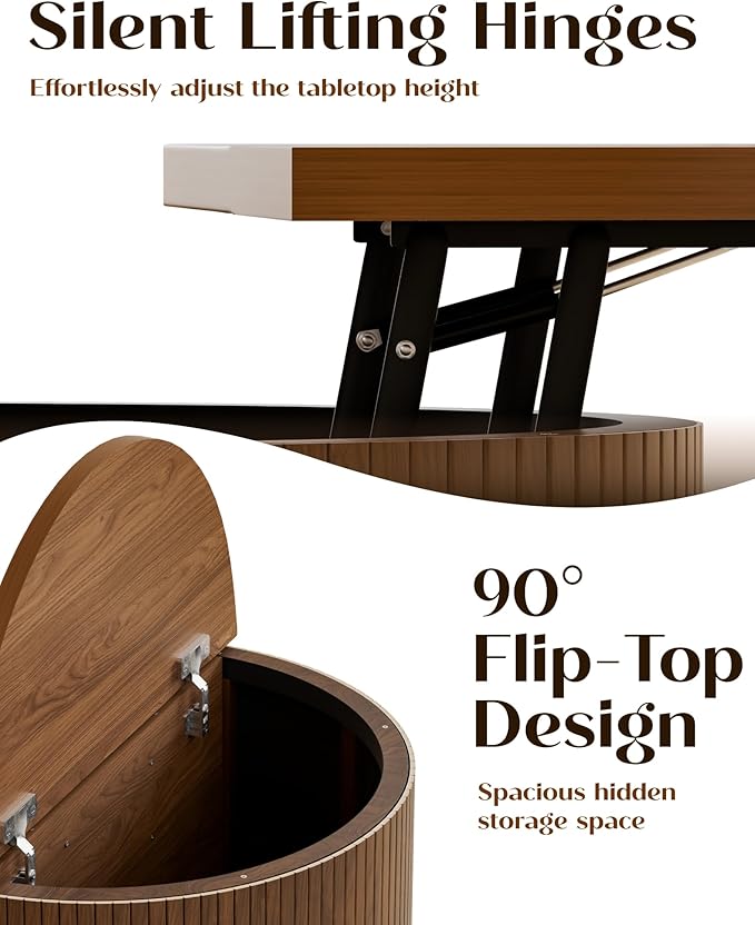 Fluted Round Lift Top Coffee Table with Storage, 31.5" Walnut Small Circle Wood Center Table for Living Room