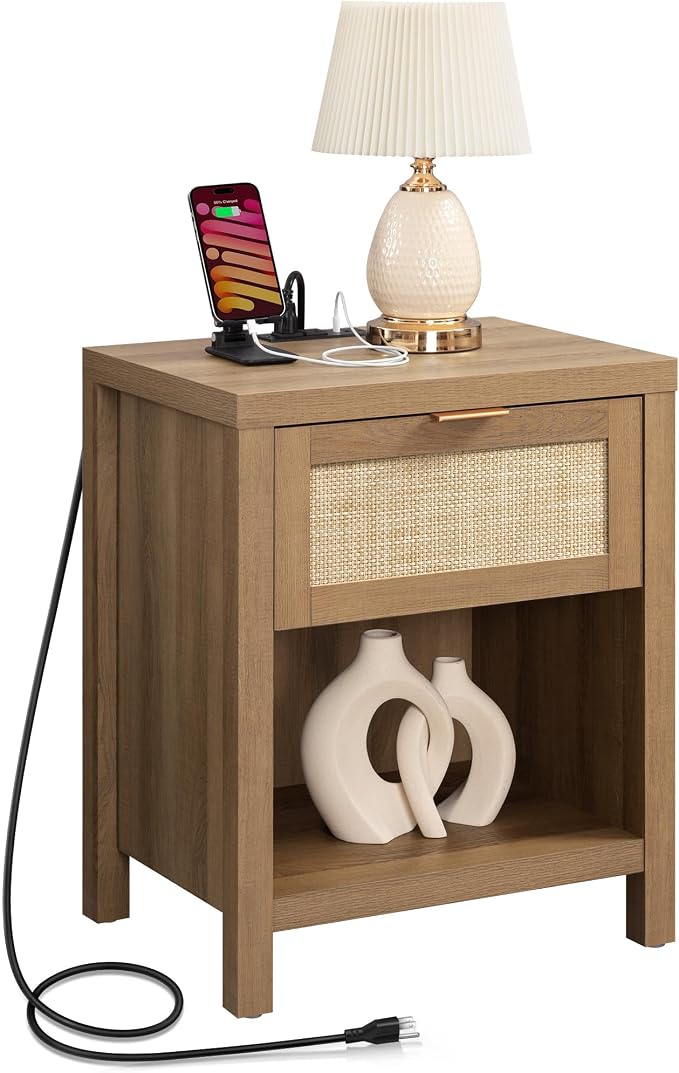 SICOTAS Rattan Night Stand with Charging Station - Farmhouse Nightstand with Type-C and USB Ports, Boho Accent Bed Side Table with Drawer and Open Shelf for Bedroom Small Space, Oak by SICOTAS