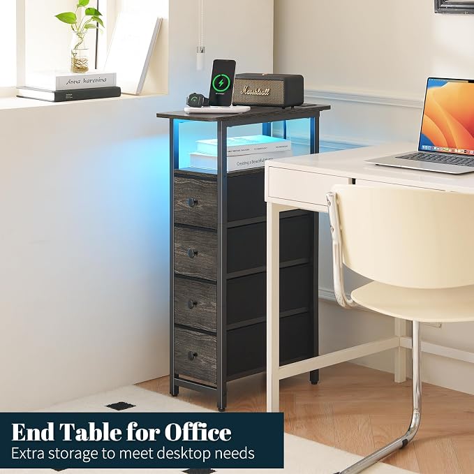 Yoobure LED Narrow Nightstand with Charging Station - Slim Dresser for Bedroom Narrow Side Table Storage Cabinet, Small Dressers Chest of Drawers, Tall Skinny Night Stand End Table for Small Spaces - Image 7