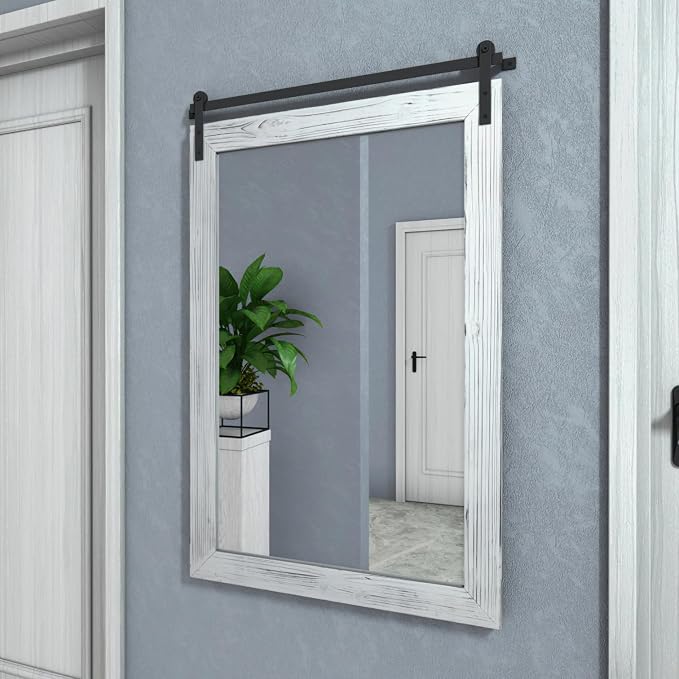 COGOOD Farmhouse Barn Door Mirror - 38" x 25" Rustic Wood Framed Wall Mirror for Bathroom, Living Room, Entryway Wall Decorative (White) - Image 3
