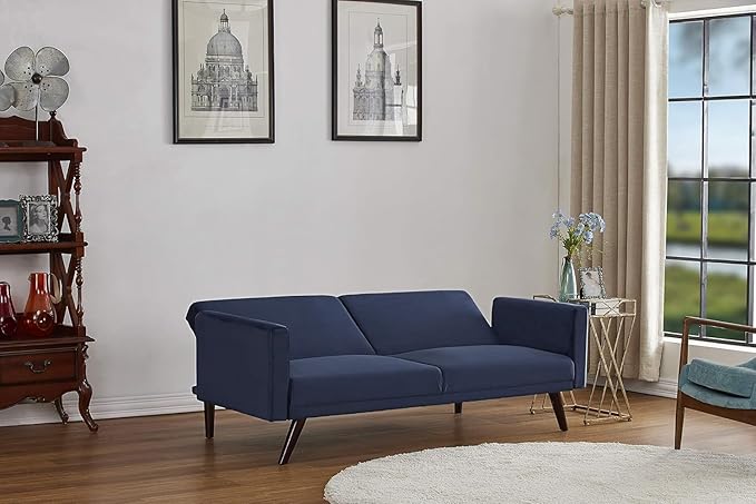 72" Retro Velvet Sofa Bed - Vintage Modern Convertible Futon w/Reclining Backrest - Velvet Upholstery on Solid Wood Frame (72" L x 34.6" W x 30.23" H), Dark Blue