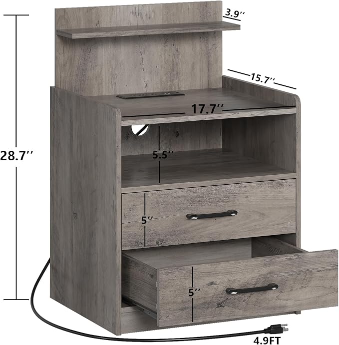 LED Nightstand with Charging Station, Night Stand with 2 Drawers and Open Storage, Bedside Table with LED Lights, Modern End Table with USB Ports Outlets, Grey - Image 2
